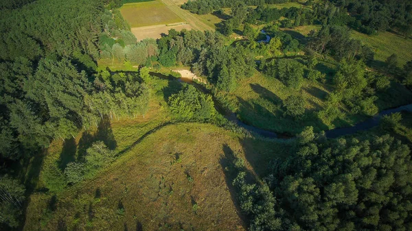 Low flyover over a small wild river on a summer day, river Grabia, Poland.