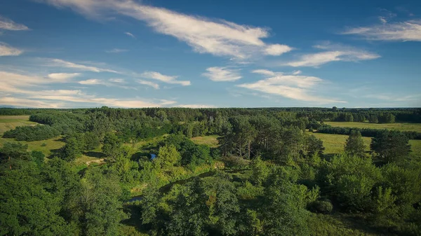 Low flyover over a small wild river on a summer day, river Grabia, Poland.