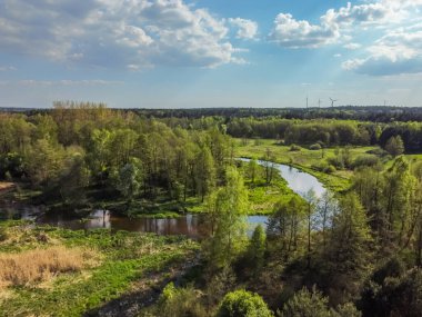 Güneşli bir bahar gününde küçük bir nehrin üzerinden uçmak. 