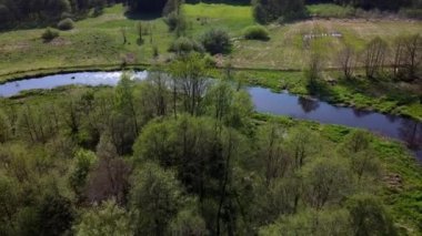 Bir sürü ağaç ve küçük bir nehirle yukarıdan görünen bahar..