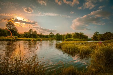 Polonya 'nın merkezinde küçük bir nehrin üzerinde gün batımı. 