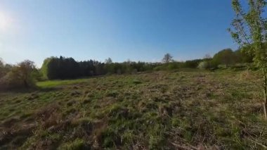 Nehir ve çayır üzerinde alçak ve hızlı bir İHA uçuşu.