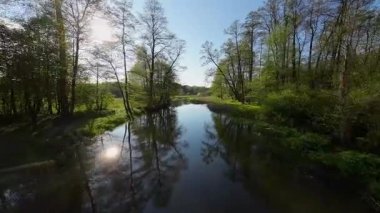 Nehir ve çayır üzerinde alçak ve hızlı bir İHA uçuşu.