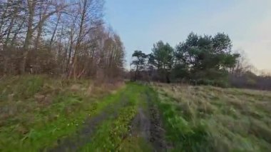 Nehir ve çayır üzerinde alçak ve hızlı bir İHA uçuşu.