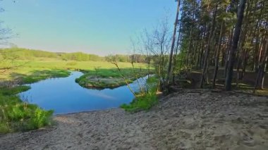Nehir ve çayır üzerinde alçak ve hızlı bir İHA uçuşu.