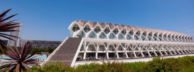 Panoramik şehir sanat bilimi Valencia. Valencia, İspanya 'da sanat ve bilim şehri. Valencia Geometrik Mimarisi Panoraması. Geometrik mimari manzara manzarası.
