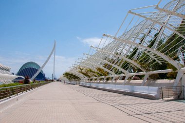 Seyahat güzergahı. Valencia geometrik mimarisi bir dönüm noktası. Geometrik mimari gezisi. Turistik şehir sanat bilimi. Valencia 'ya git. Sanat ve bilim şehri. Modern ufuk çizgisi.