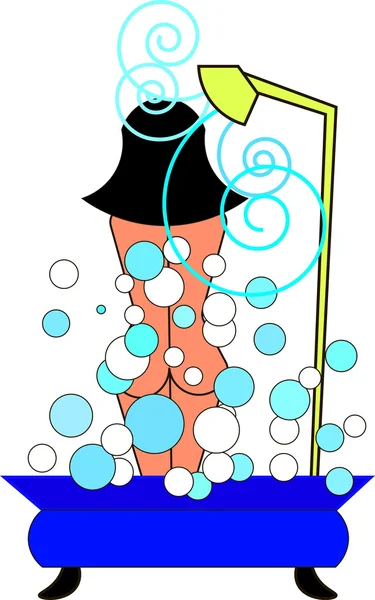 Menina lavada sob água corrente e chuveiro está no banho com espuma a partir do qual as bolhas estão voando. Ilustração vetorial . —  Vetores de Stock