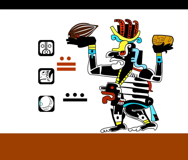 Frijoles de cacao y una taza de chocolate caliente en las manos del sacerdote. Ethnic pattern of American Indians: the Aztecs, the Mayans, the Incas (en inglés). Ilustración vectorial — Vector de stock