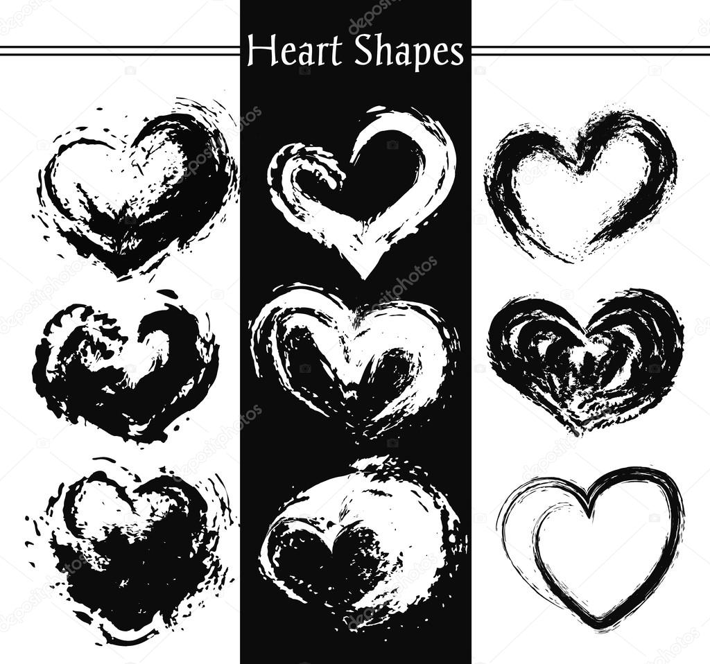 Set of nine artistic hearts. Heart Shapes. Heart Retro Shape.Heart Label Shape.Grunge Heart Shape.Heart Ribbon Shape.Heart Vintage Shape.Heart Icon Shape.Heart Banner Shape.