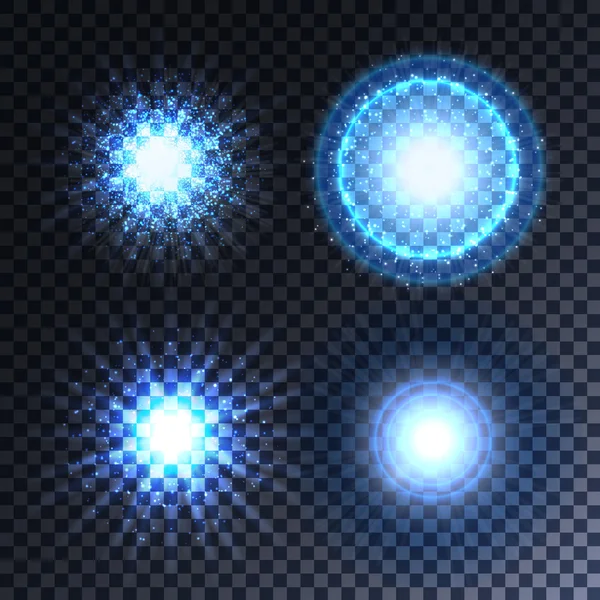 Set of four glowing light effect stars bursts with sparkles. — Stock Vector