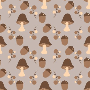 Pine cone, mushrooms, and leaves on a brown background. Autumn seamless pattern for clothing, fabric, wallpaper, backdrop, home decoration, and cover book. 