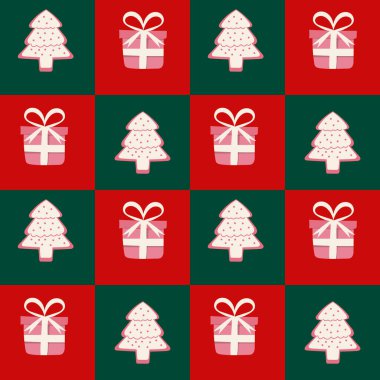 Noel ağacı ve yeşil ve kırmızı arka planda kare bloklarda hediye kutusu. Giysiler, kumaşlar, duvar kağıtları, arka plan, ev dekorasyonu ve kapak kitabı için şirin Noel desenleri.. 