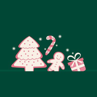 Yeşil zemin üzerinde Noel ağacı olan üç pembe hediye kutusu, şeker ve zencefilli kek. Noel konsepti.