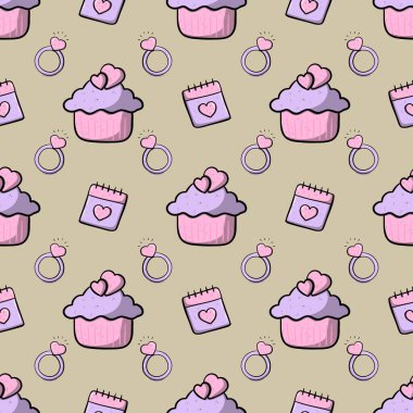 Elle çizilmiş pembe ve mor yüzük, kalp, takvim ve kahverengi arka planda kek. Romantik aşk ve sevgililer günü için kusursuz bir model.. 