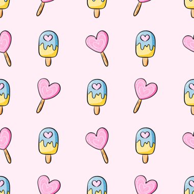 Kawaii buzlu şekeri ve buz gibi kalp şeklinde pembe bir arka plan. Sevgililer günü ve yiyecekler kusursuz..