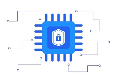 Yapay zeka güvenlik konsepti. Mavi ai, beyaz arka planda bir kalkan ve devre çizgisi olan bir çip üzerinde..