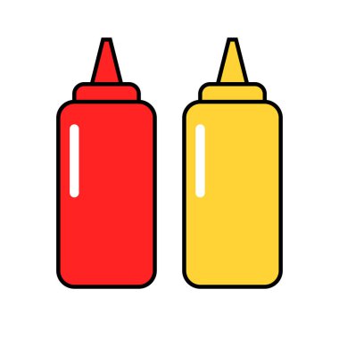 Düz Tasarım Ketçap ve Hardal Sıkan Şişe Simgesi Seti. Düzenlenebilir vektör.