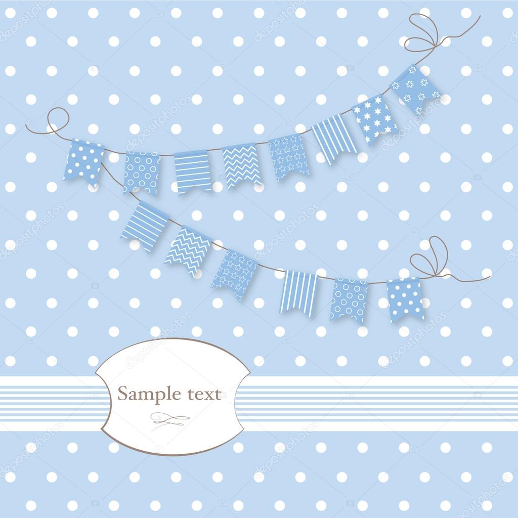 Blue background with polka dots and garland with flags.
