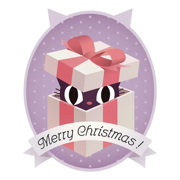 Holiday Series / Cute little kitten hiding in a present box with Christmas greeting / Vector illustration — Stock Vector