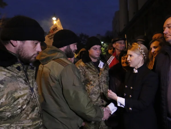 Лідер партії "Батьківщина" Юлія Тимошенко взяла участь протесту за межами Кабмін проти вище комунальних тарифів, aka тариф Майдан, на 1 листопада 2015. — стокове фото