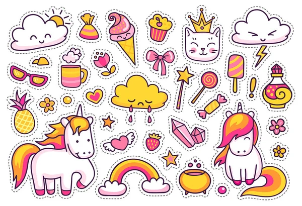 Cool Stickers Set Unicorns Cartoon Characters Clouds Rainbow Magic