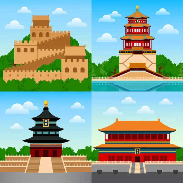 Travel to China. Cityscape, temple and buildings, landmarks and attraction. Square vector illustration
