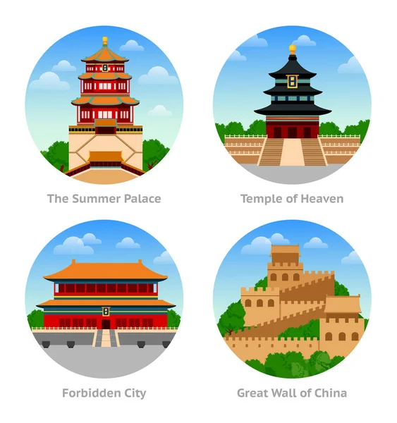 China Attractions. The Summer Palace, Temple of Heaven, Forbidden City, Great Wall. Set of round illustrations.