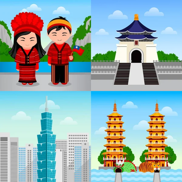 Travel to Taiwan. Taiwanese people in national dress. Woman and man with flag. Cityscape, temple, tower, buildings, landmarks and attraction. Square vector illustration. Web banners.