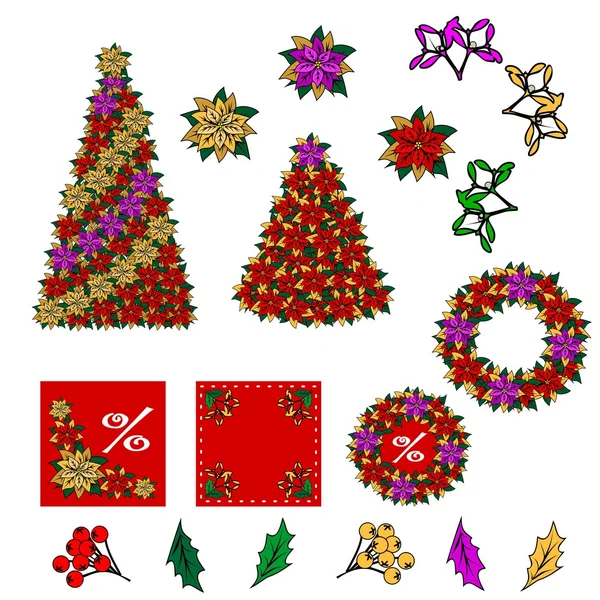 Collection of Christmas images. Christmas drawings. You can create your own Christmas card of the added components. Star, Christmas flower, tree, mistletoe, leaves, berries. — Stock Vector