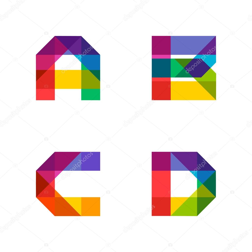 Vector colorful alphabet made of overlapping shapes. Beautiful vivid capital latin letters A, B, C, D. Ready for poster or artwork design.