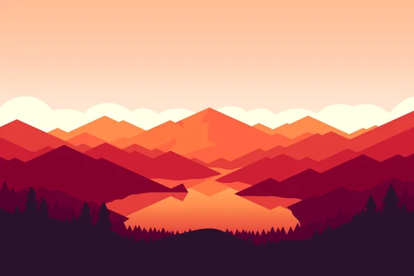 Berg en forrest landschap op zonsondergang. — Stockvector