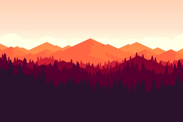 Paisaje de montaña y bosque en la puesta del sol . — Vector de stock