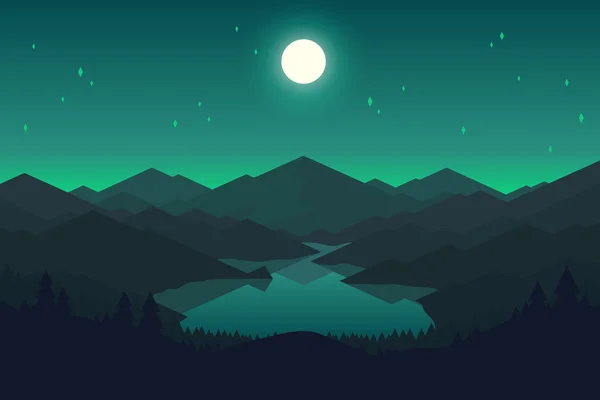 Berg en forrest landschap in de nacht. — Stockvector