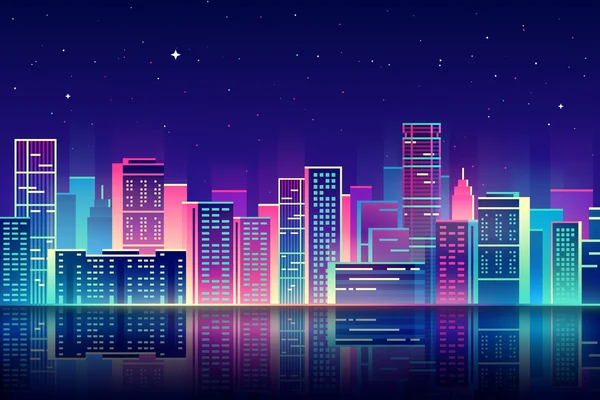 Ciudad nocturna con ilustración de brillo de neón . — Vector de stock