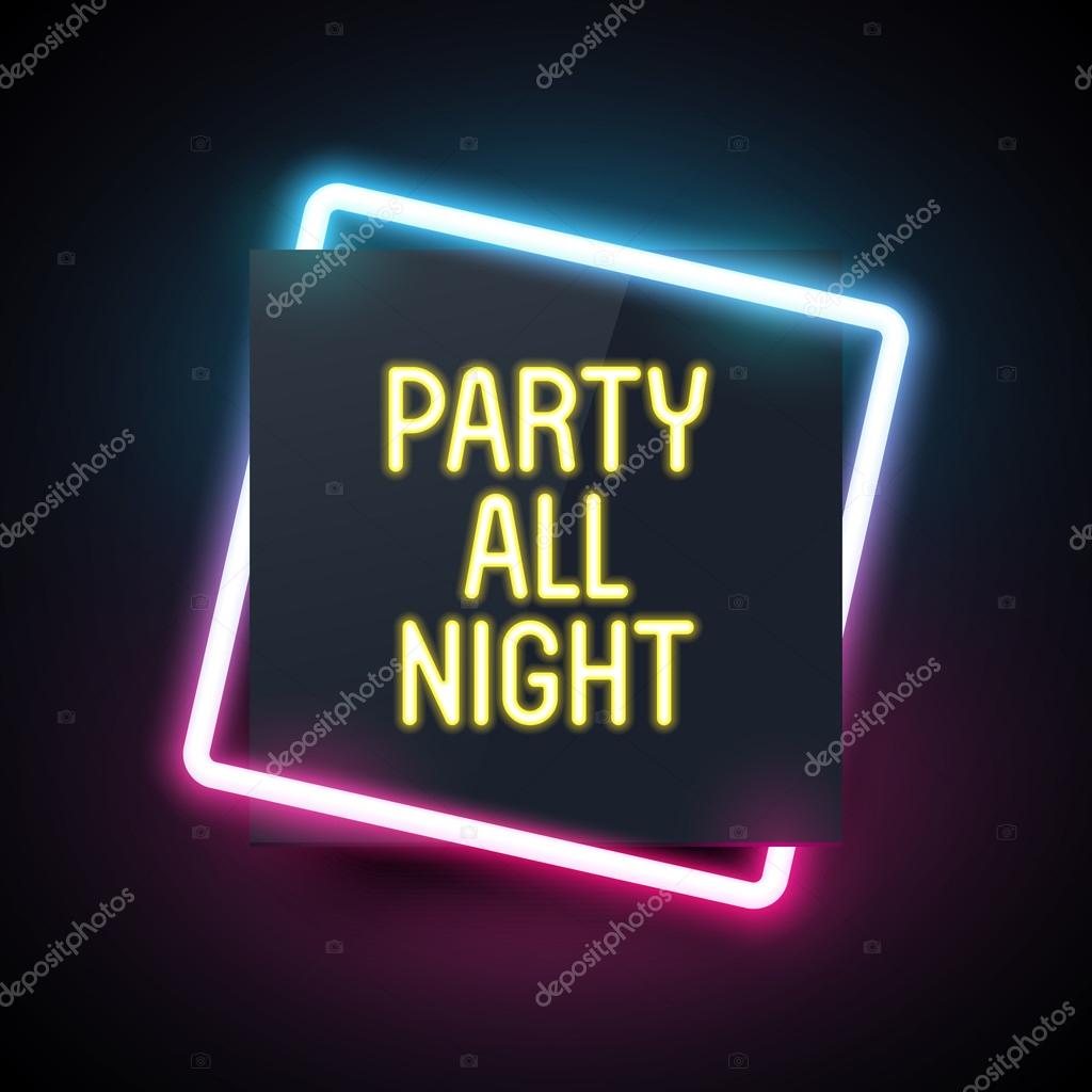 Square neon light banner for party flyer design. Night club template. Dark banner with retro light effect.