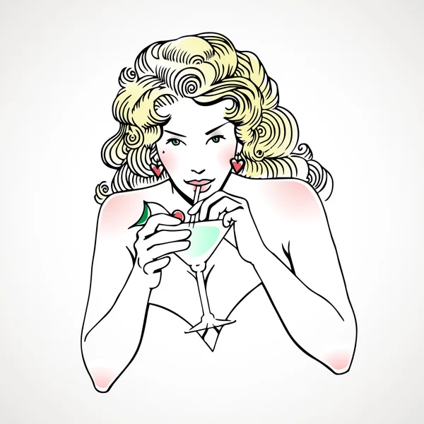 Blonde fille avec cocktail — Image vectorielle