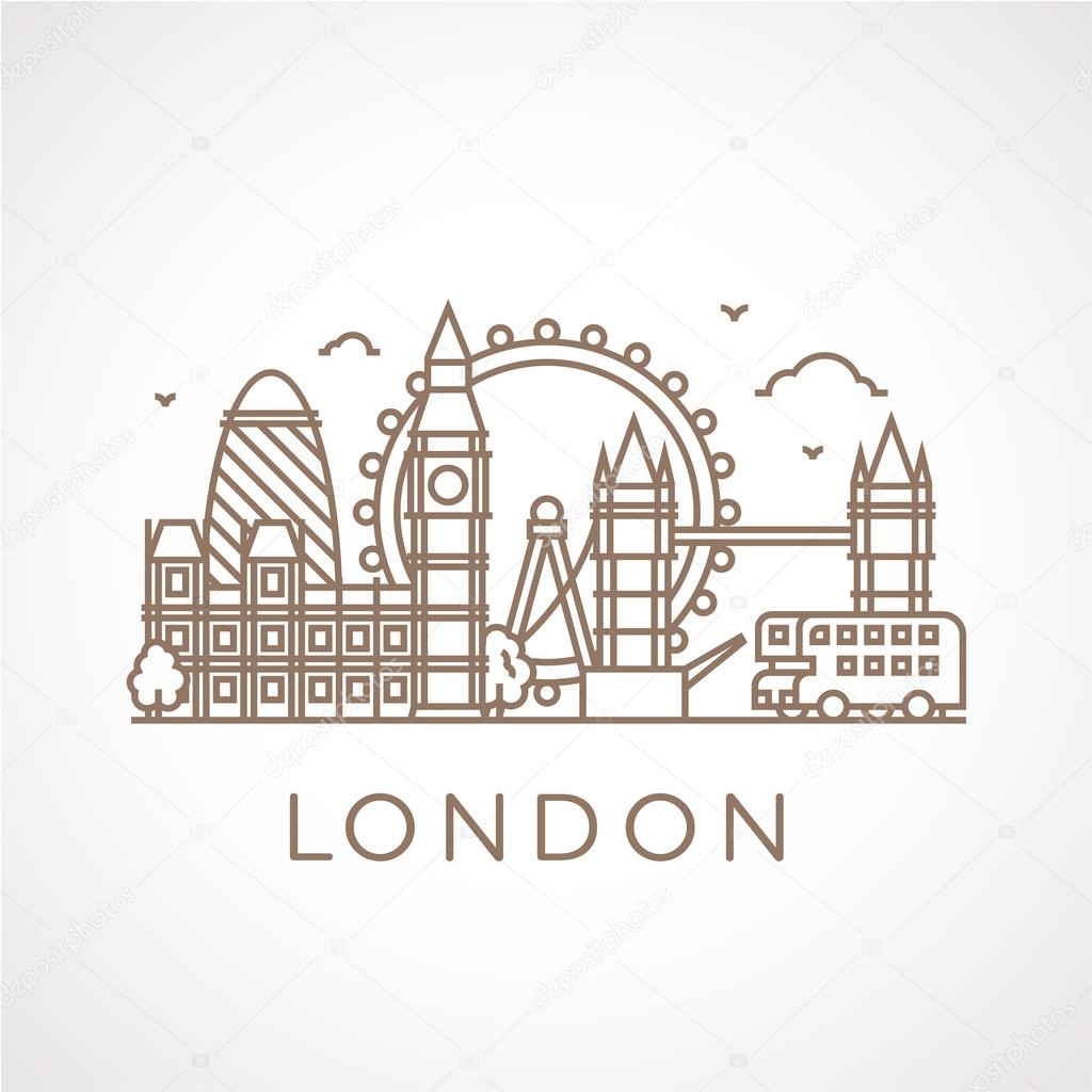 Trendy line illustration of London with different famous buildings and places of interest