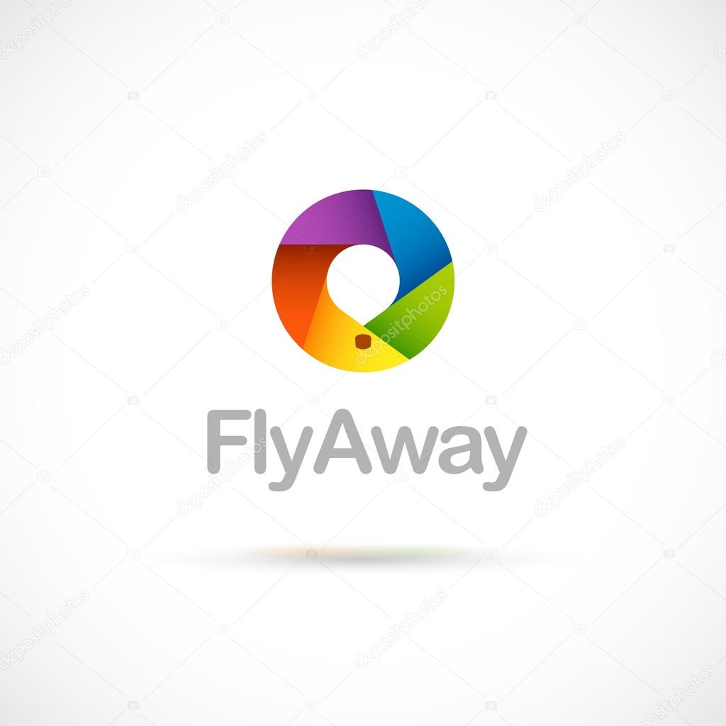 Vector logo design, hot balloon inside the rainbow circle symbol icon. Logotype template.