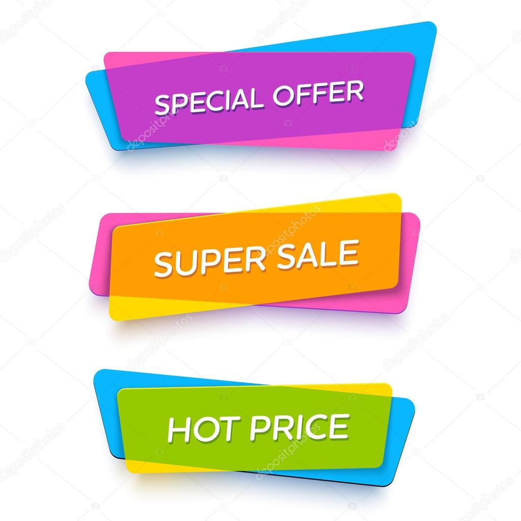 Ecommerce bright banner set. Nice plastic cards in material design style. Transparent black, white, red and yellow paper. Vector illustration
