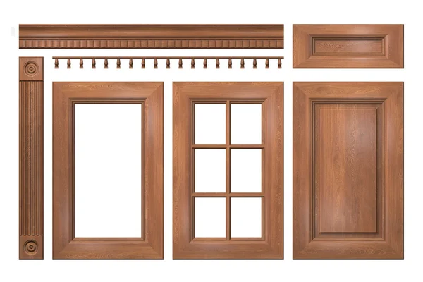 Front collection of isolated wooden doors, drawer, column, cornice for kitchen cabinet — Stock Photo, Image