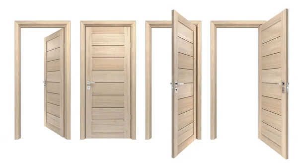 モダン ソリッドウッド シングル 3Dリアルな入り口のセット 閉鎖と内部オープンのフロントビューでは 光松の木の板とドアの外 — ストック写真