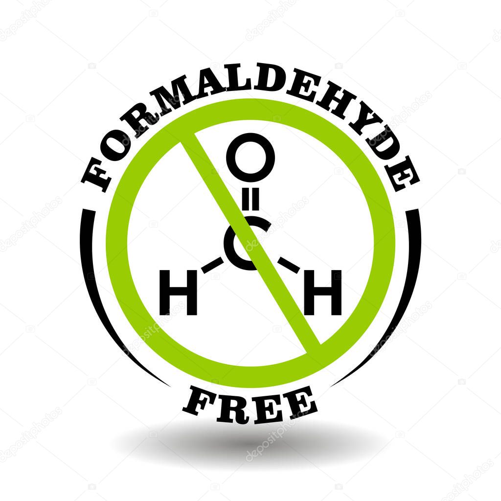 Prohibited vector stamp Formaldehyde  free for bio packaging label. Round sign No formaldegid in healthy products logo, bio chemicals icon, organic cosmetics pictogram, natural medical farmacy marking