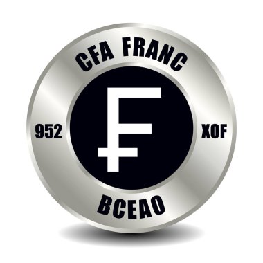 CFA para ikonu gümüş para üzerinde izole. Uluslararası ISO kodu ve kısaltması ile para birimi sembolünün vektör işareti