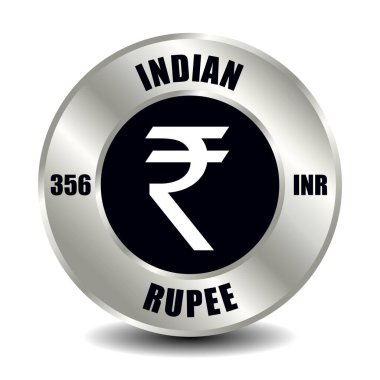 Hindistan para ikonu yuvarlak gümüş para üzerinde izole. Uluslararası ISO kodu ve kısaltması ile para birimi sembolünün vektör işareti