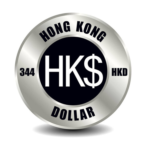 Hong Kong money icon isolated on round silver coin. Vector sign of currency symbol with international ISO code and abbreviation