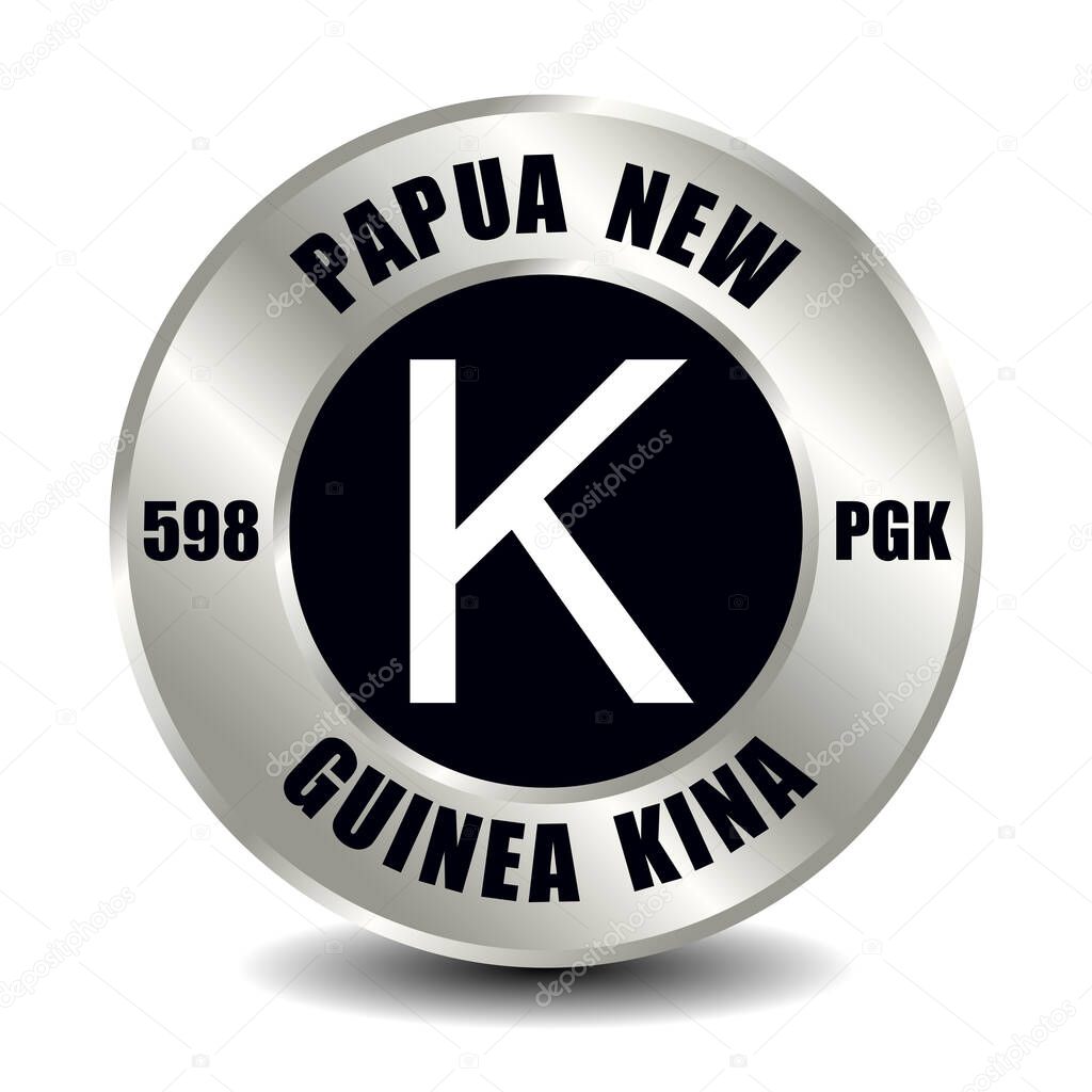 Papua New Guinea money icon isolated on round silver coin. Vector sign of currency symbol with international ISO code and abbreviation