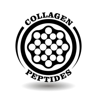 Yaşlanma karşıtı kozmetik paketi sembolü için kollajen peptit molekülünün daire vektör simgesi, hidrolize edilmiş piktogram içeren tıbbi haplar
