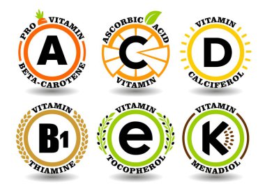 A, B, C, D, E, K vitamin kompleksi işaretlerinden oluşan yaratıcı konsept vektör seti düz güneş sembolü, çizgi film meyve ikonları, doğal sağlıklı gıda pulları, renkli organik yağ hapları, kimyasal isimler