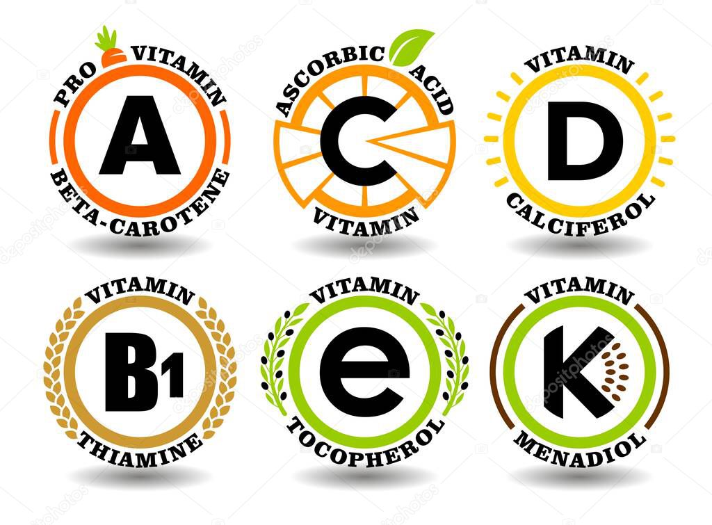Creative concept vector set of A, B, C, D, E, K vitamin complex signs with flat graphic sun symbol, cartoon fruit icons, natural healthy food stamps, colorful organic oil pills, chemical names
